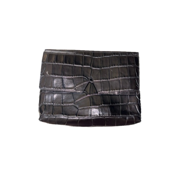 Vince Signature Collection Croc-Stamped Leather Flap Clutch in Black - Picture 1 of 15